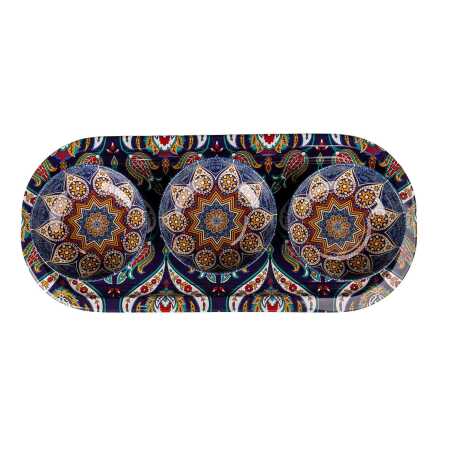 Mandala Themed Metal Oval Tray with Three Bowl Set - 10