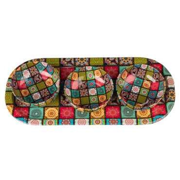 Mandala Themed Metal Oval Tray with Three Bowl Set - 13