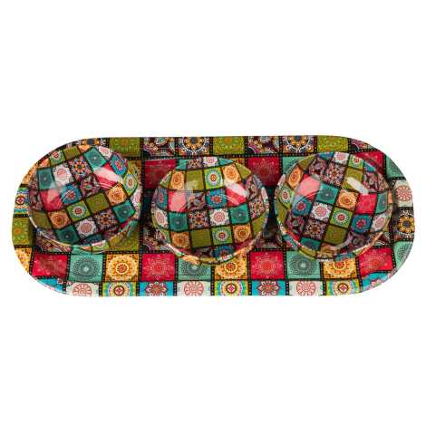Mandala Themed Metal Oval Tray with Three Bowl Set - 13