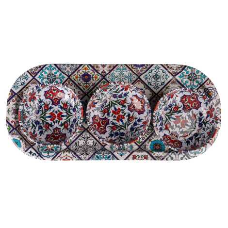 Mandala Themed Metal Oval Tray with Three Bowl Set - 14