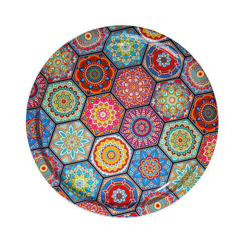 Mandala Themed Round Metal Tray 28 cm - 2
