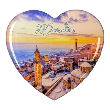 Myros - Mardin Themed Epoxy Dome Heart Souvenir Fridge Magnet 65x60 mm