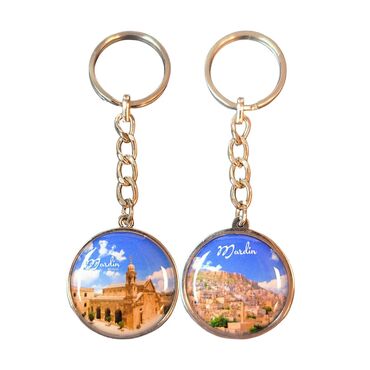 Myros - Mardin Themed Metal Double Sided Round Keychain 40x95 mm