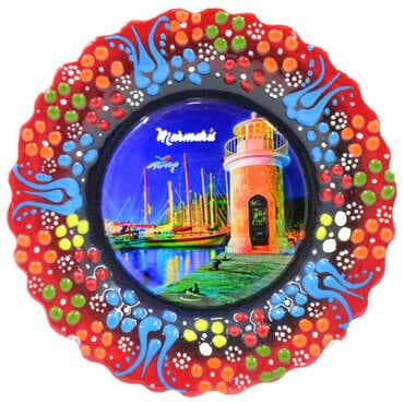 Marmaris Themed Turkish Ceramic Plate With Epoxy 18 Cm - 6
