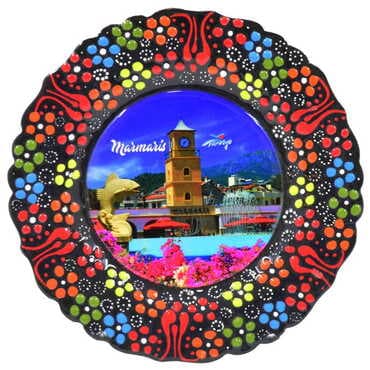 Marmaris Themed Turkish Ceramic Plate With Epoxy 18 Cm - 8