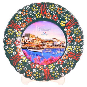 Marmaris Themed Turkish Ceramic Plate With Epoxy 18 Cm - 11