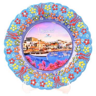 Marmaris Themed Turkish Ceramic Plate With Epoxy 18 Cm - 12