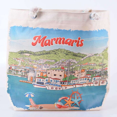 Toptan Marmaris Temalı Dijital Baskılı Kanvas Plaj Çantası - 3