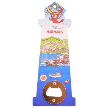 Marmaris Themed Lighthouse Shaped Printed MDF Wooden Bottle Opener 188x77 mm