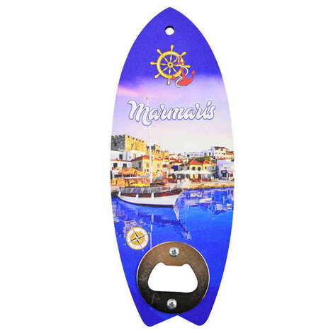 Toptan Marmaris Temalı Myros Ahşap Sörf Tahtası Açacak Magnet 185x72 mm