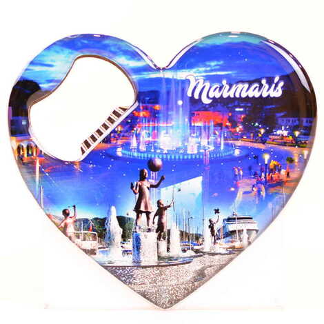 Toptan Marmaris Temalı Myros Metal Kalp Açacak Magnet 85x76 mm - 6