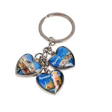 Marmaris Themed Myros Metal Triple Heart Keychain 40x85 mm