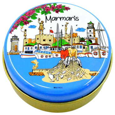 Myros - Toptan Marmaris Temalı Myros Yuvarlak Metal Kutu 73x35 mm