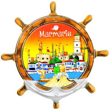 Toptan Marmaris Temalı Uv Baskılı Dümen Şekilli Magnet 82x82 mm - Myros