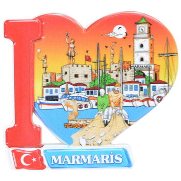 Myros - Toptan Marmaris Temalı Uv Baskılı Kalp Şekilli Magnet 86x62 mm