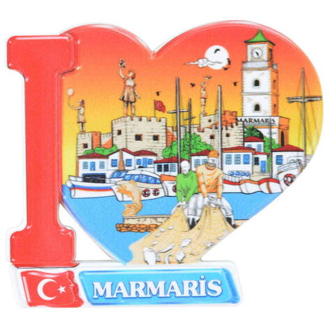 Toptan Marmaris Temalı Uv Baskılı Kalp Şekilli Magnet 86x62 mm