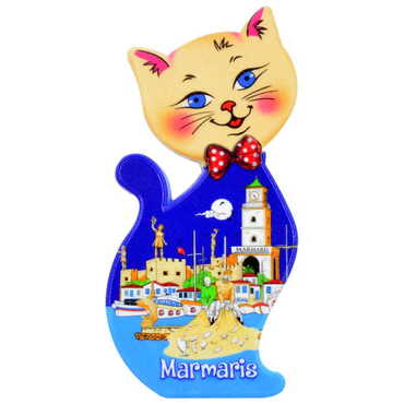 Myros - Toptan Marmaris Temalı Uv Baskılı Kedi Şekilli Magnet 43x87 mm