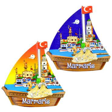 Marmaris Themed Customised UV Printed Plastic Base Sail Ship Shaped Fridge Magnet 77x80 mm - 3