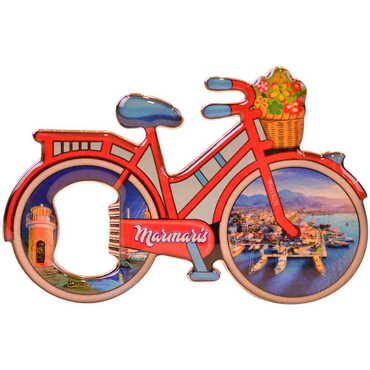 Myros - Marmaris Themed Bicycle Shaped Metal Magnetic Bottle Opener 100x65 mm