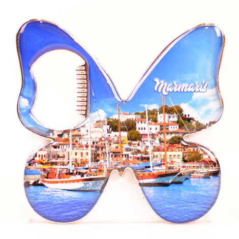 Marmaris Themed Butterfly Shaped Metal Magnetic Bottle Opener 70x70 mm