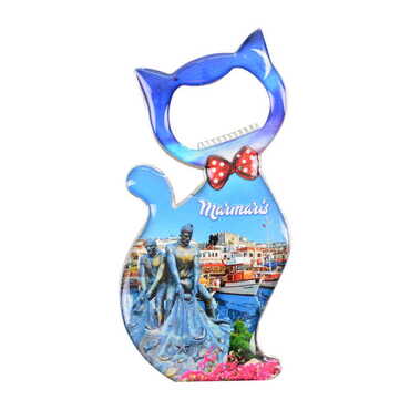 Myros - Marmaris Themed Cat Shaped Metal Magnetic Bottle Opener 97x48 mm