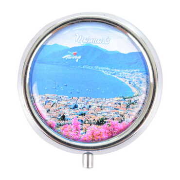 Marmaris Themed Customised Epoxy Round Pill Box 50x15 mm - Thumbnail