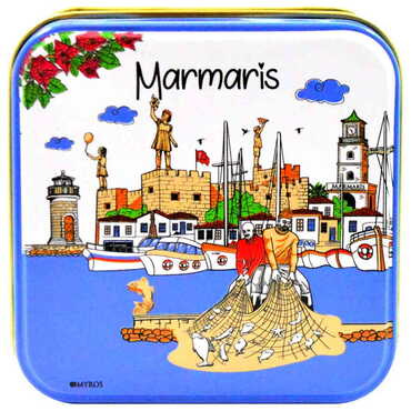 Myros - Marmaris Themed Customised Round Tin Metal Box 75x75x35 mm