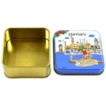 Marmaris Themed Customised Round Tin Metal Box 75x75x35 mm - Thumbnail