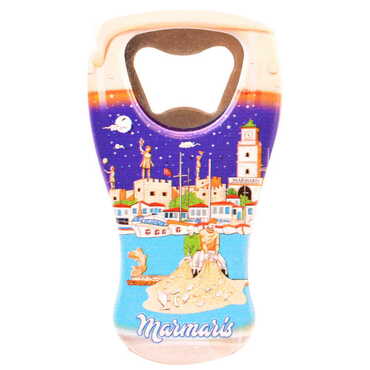 Myros - Marmaris Themed Customised UV Printed Beer Glass Shape Plastic Base Bottle Opener 52x97 mm