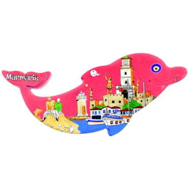 Myros - Marmaris Themed Customised UV Printed Plastic Base Dolphin Shaped Fridge Magnet 110x50 mm