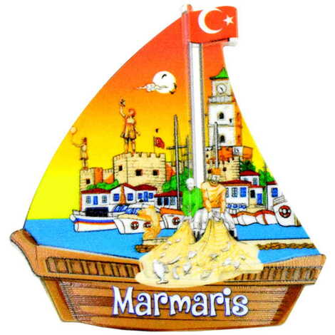 Marmaris Themed Customised UV Printed Plastic Base Sail Ship Shaped Fridge Magnet 77x80 mm