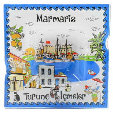 Marmaris Themed Decorated Glass Ashtray 100X100 Mm - Thumbnail