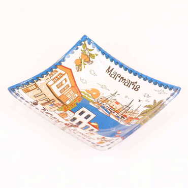 Marmaris Themed Decorated Glass Ashtray 100X100 Mm - Thumbnail