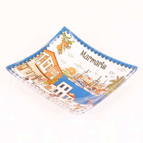 Marmaris Themed Decorated Glass Ashtray 100X100 Mm