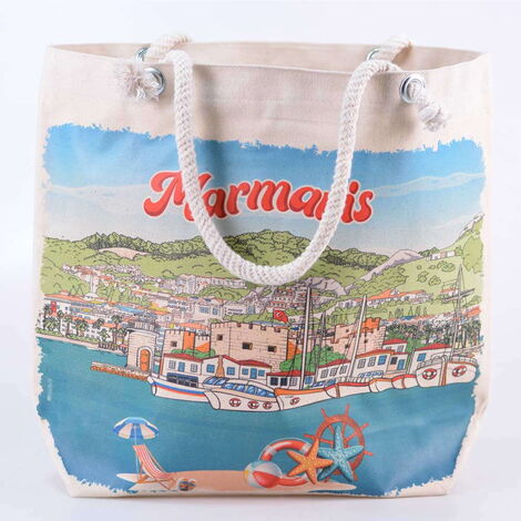 Marmaris Themed Digital Printed Kanvas Beach Bag 35x40 cm