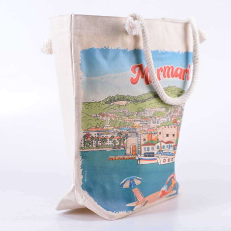 Marmaris Themed Digital Printed Kanvas Beach Bag 35x40 cm