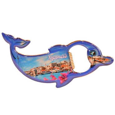 Marmaris Themed Dolphin Shaped Metal Magnetic Bottle Opener 102x67 mm - Thumbnail