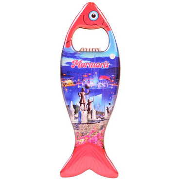 Myros - Marmaris Themed Fish Shaped Metal Magnetic Bottle Opener 120x43 mm