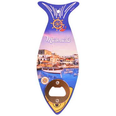 Myros - Marmaris Themed Fish Shaped Printed MDF Wooden Bottle Opener 190x70 mm