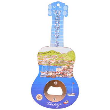 Marmaris Themed Guitar Shaped Printed MDF Wooden Bottle Opener 200x89 mm - Thumbnail