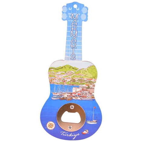 Marmaris Themed Guitar Shaped Printed MDF Wooden Bottle Opener 200x89 mm