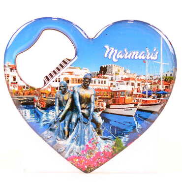 Myros - Marmaris Themed Heart Shaped Metal Magnetic Bottle Opener 85x76 mm