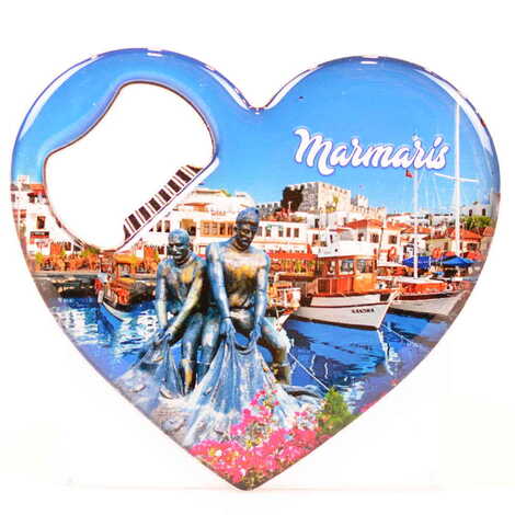 Marmaris Themed Heart Shaped Metal Magnetic Bottle Opener 85x76 mm