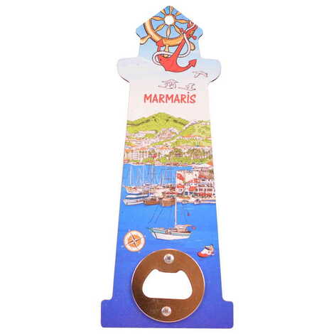 Marmaris Themed Lighthouse Shaped Printed MDF Wooden Bottle Opener 188x77 mm