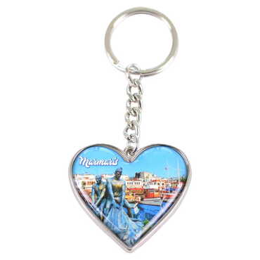 Myros - Marmaris Themed Metal Heart ShapedDouble Face Keychain 45x90 mm