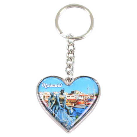 Marmaris Themed Metal Heart ShapedDouble Face Keychain 45x90 mm