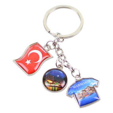 Marmaris Themed Metal Keychain With 3 Charms - Mixed 40x90 mm - Thumbnail