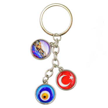 Marmaris Themed Metal Keychain With 3 Charms - Round 40x90 mm - Myros