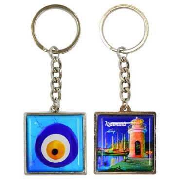 Marmaris Themed Metal Square Shaped Double Face Keychain 36x95 mm - Thumbnail