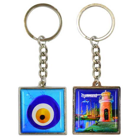 Marmaris Themed Metal Square Shaped Double Face Keychain 36x95 mm